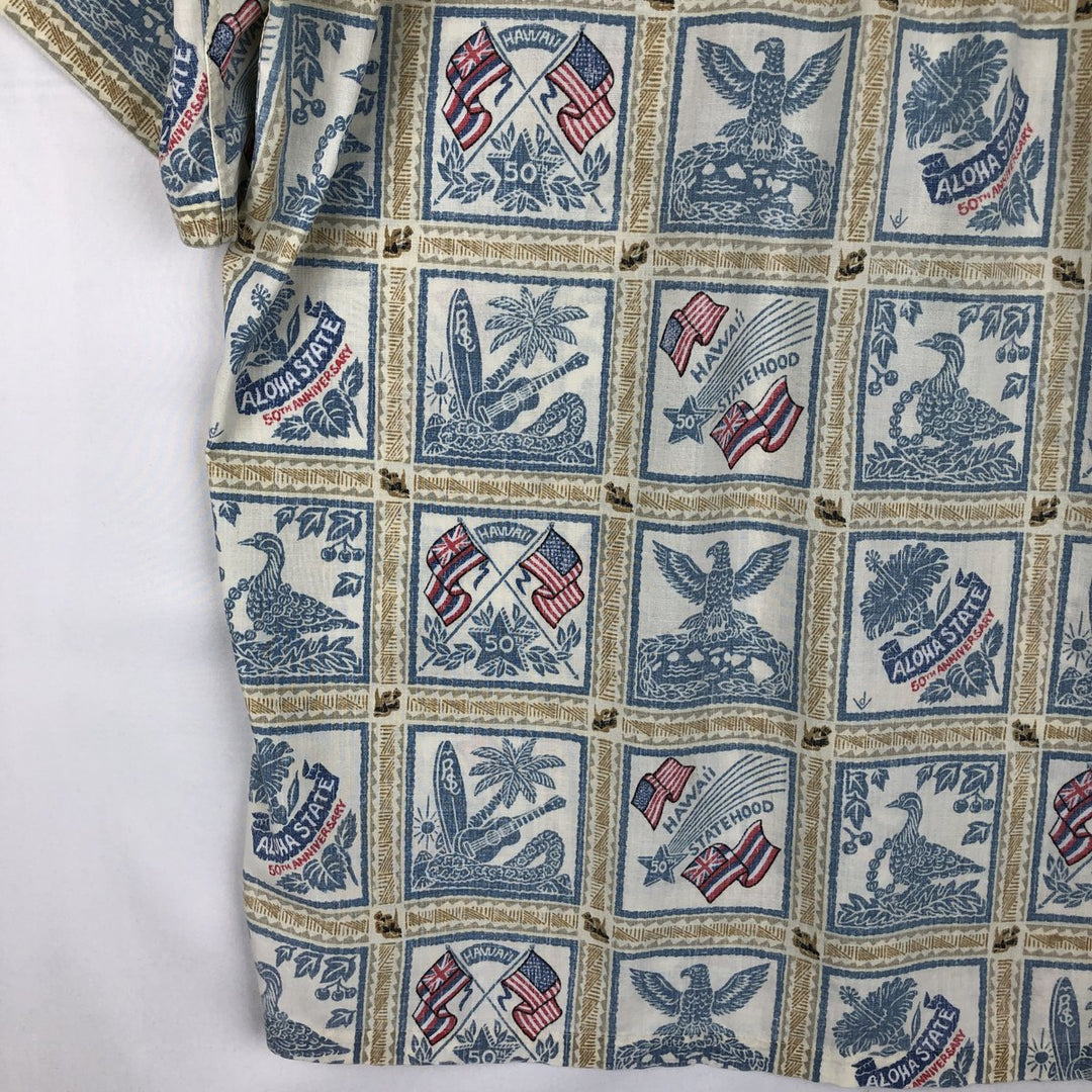 90'S Reyn Spooner Bikini Tag All-over American Flag Print Pullover Button-Down Aloha Shirt Boxy Shirt Men's Size L (approx.) cotton ivory Vintage Second Hand
