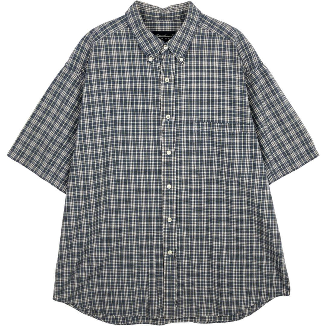 Eddie Bauer Check Pattern Short-Sleeve Button-Down Check Shirt, Men's Size XL (approx.) cotton navy blue type Vintage Second Hand