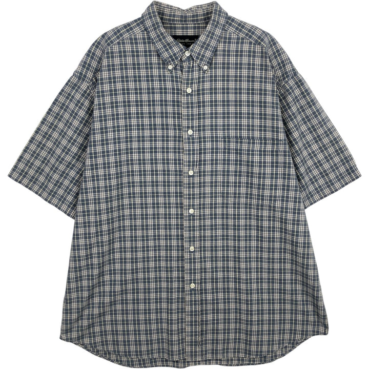 Eddie Bauer Check Pattern Short-Sleeve Button-Down Check Shirt, Men's Size XL (approx.) cotton navy blue type Vintage Second Hand