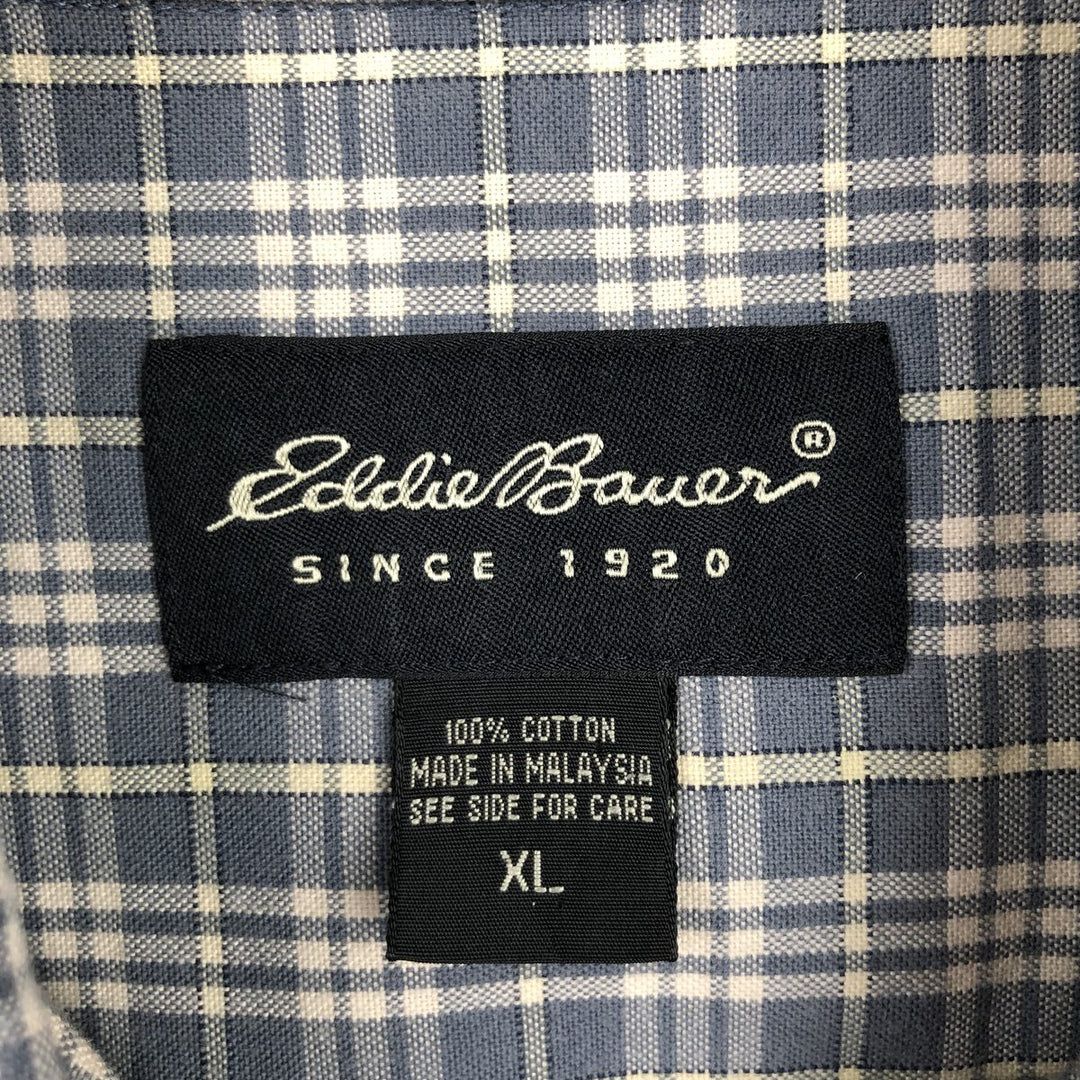Eddie Bauer Check Pattern Short-Sleeve Button-Down Check Shirt, Men's Size XL (approx.) cotton navy blue type Vintage Second Hand