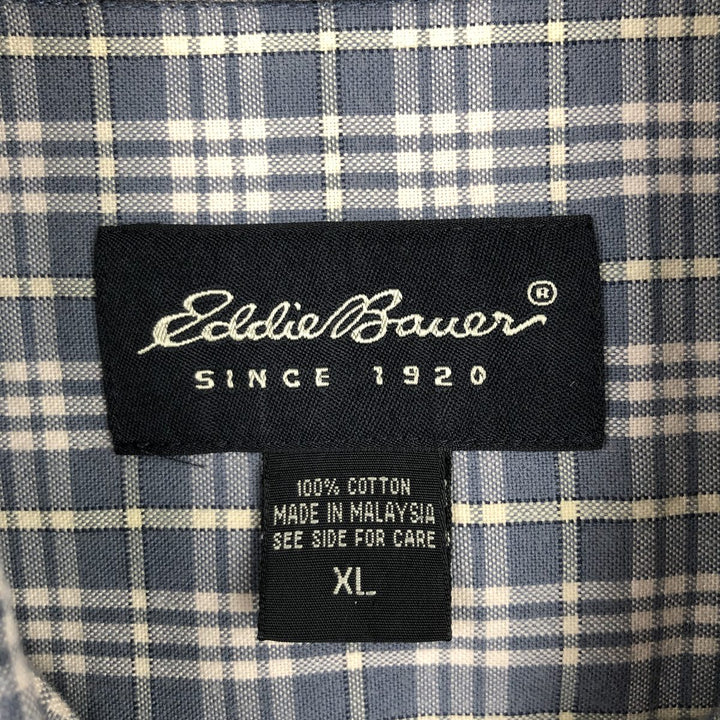 Eddie Bauer Check Pattern Short-Sleeve Button-Down Check Shirt, Men's Size XL (approx.) cotton navy blue type Vintage Second Hand