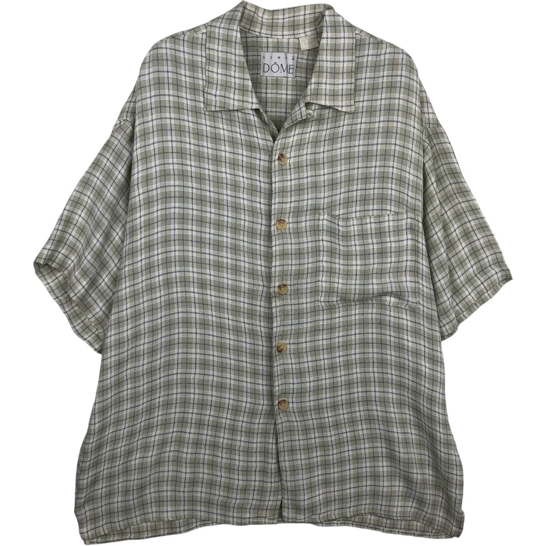 LINEA DOME Check Pattern Short-Sleeve Open Collar Rayon Shirt, Made in USA, Men's Size L (approx.) acetate Beige type Vintage Second Hand