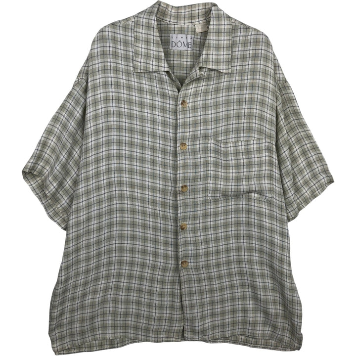 LINEA DOME Check Pattern Short-Sleeve Open Collar Rayon Shirt, Made in USA, Men's Size L (approx.) acetate Beige type Vintage Second Hand