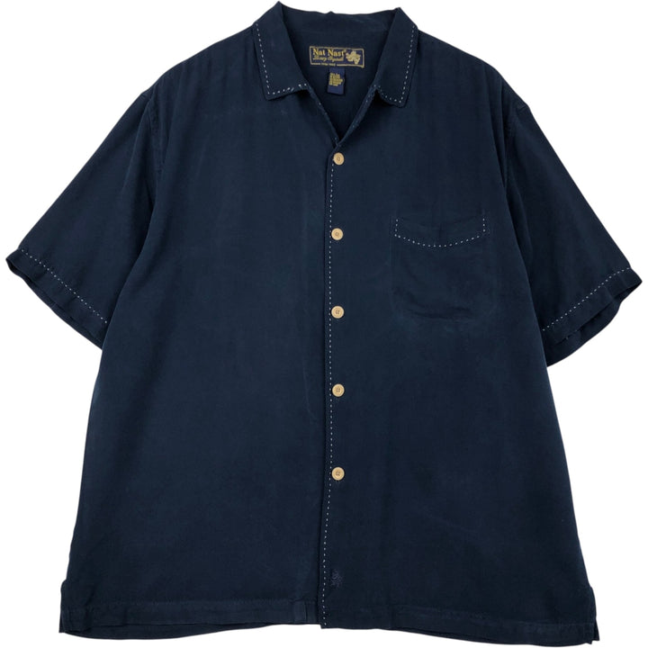 90'S Nat Nast Short-Sleeve Open-Collar Silk Shirt, Men's Size L (Equivalent), Vintage silk navy blue type Vintage Second Hand