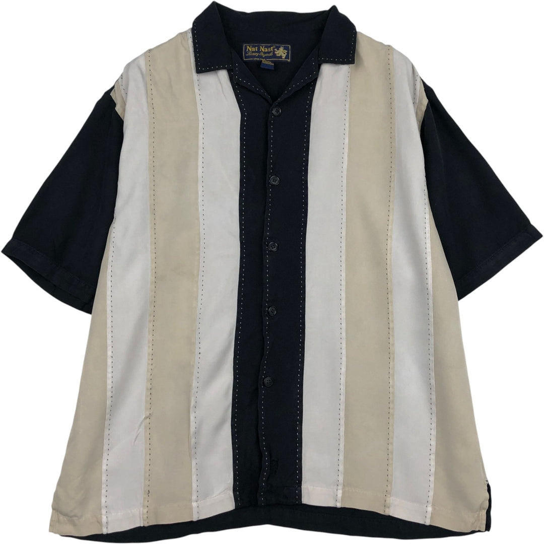 90'S Nat Nast Open Collar Short Sleeve Two-Tone Shirt, Men's Size L, Boxy Shirt, Vintage silk black type Vintage Second Hand