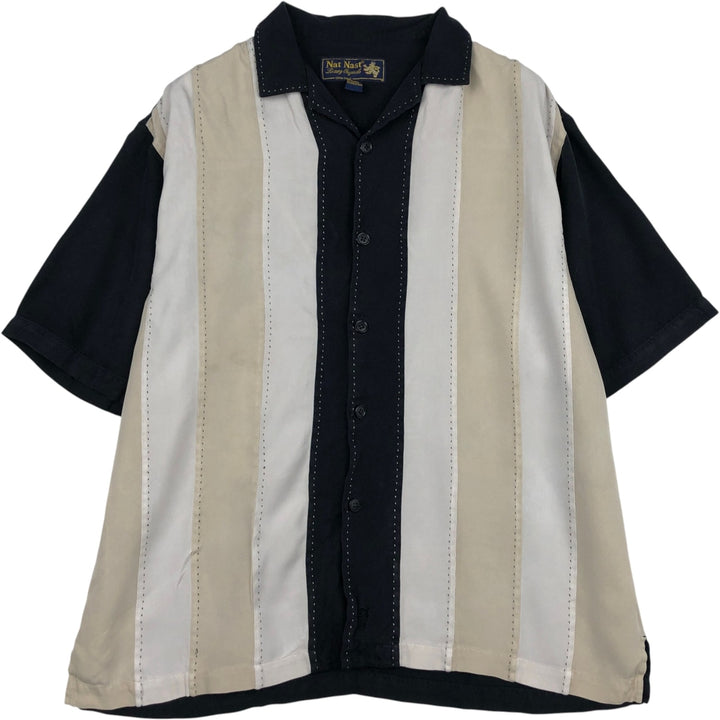 90'S Nat Nast Open Collar Short Sleeve Two-Tone Shirt, Men's Size L, Boxy Shirt, Vintage silk black type Vintage Second Hand
