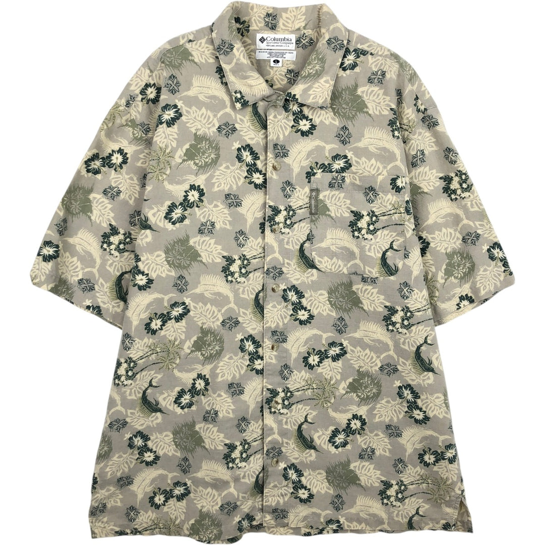 2000'S Columbia all-over floral print short-sleeved linen x cotton shirt, men's size L equivalent, boxy shirt. cotton Beige type Vintage Second Hand