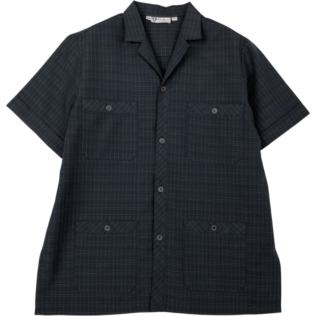 Lee Lewis Check Pattern Short-Sleeve Open Collar Polyester Shirt, Boxy Fit, Made in USA, Men's Size L (approx.) polyester navy blue type Vintage Second Hand