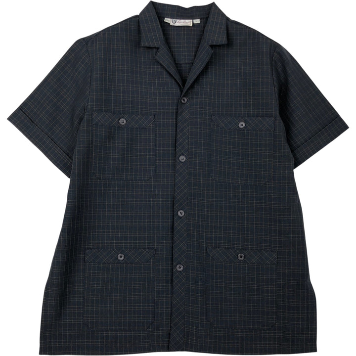 Lee Lewis Check Pattern Short-Sleeve Open Collar Polyester Shirt, Boxy Fit, Made in USA, Men's Size L (approx.) polyester navy blue type Vintage Second Hand