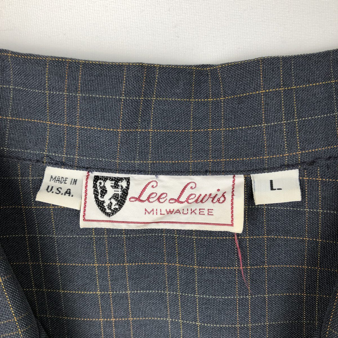 Lee Lewis Check Pattern Short-Sleeve Open Collar Polyester Shirt, Boxy Fit, Made in USA, Men's Size L (approx.) polyester navy blue type Vintage Second Hand