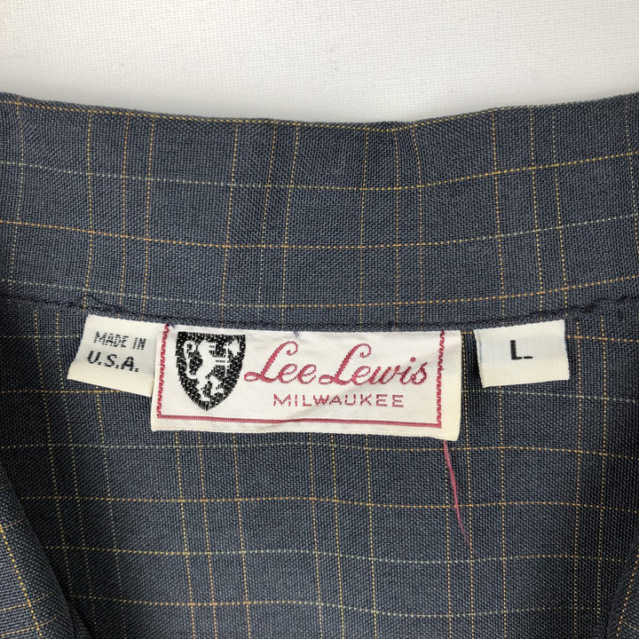 Lee Lewis Check Pattern Short-Sleeve Open Collar Polyester Shirt, Boxy Fit, Made in USA, Men's Size L (approx.) polyester navy blue type Vintage Second Hand
