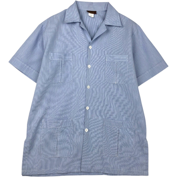 Alexander Martin Stripe Pattern Short-Sleeve Open-Collar Polyester Shirt, Boxy Fit, Made in USA, Men's Size L (approx.) polyester Blue type light blue Vintage Second Hand