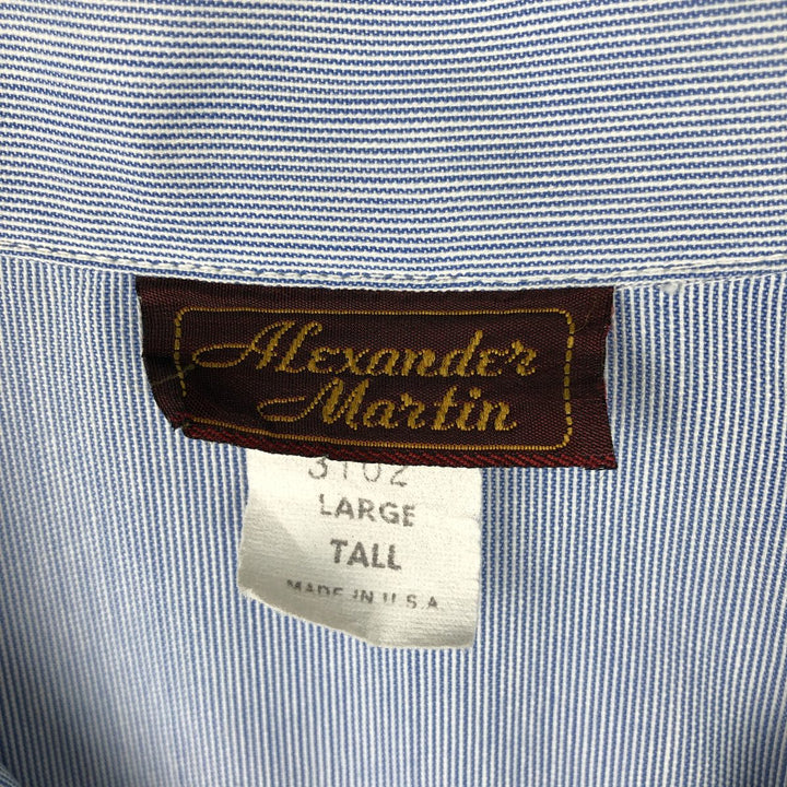 Alexander Martin Stripe Pattern Short-Sleeve Open-Collar Polyester Shirt, Boxy Fit, Made in USA, Men's Size L (approx.) polyester Blue type light blue Vintage Second Hand