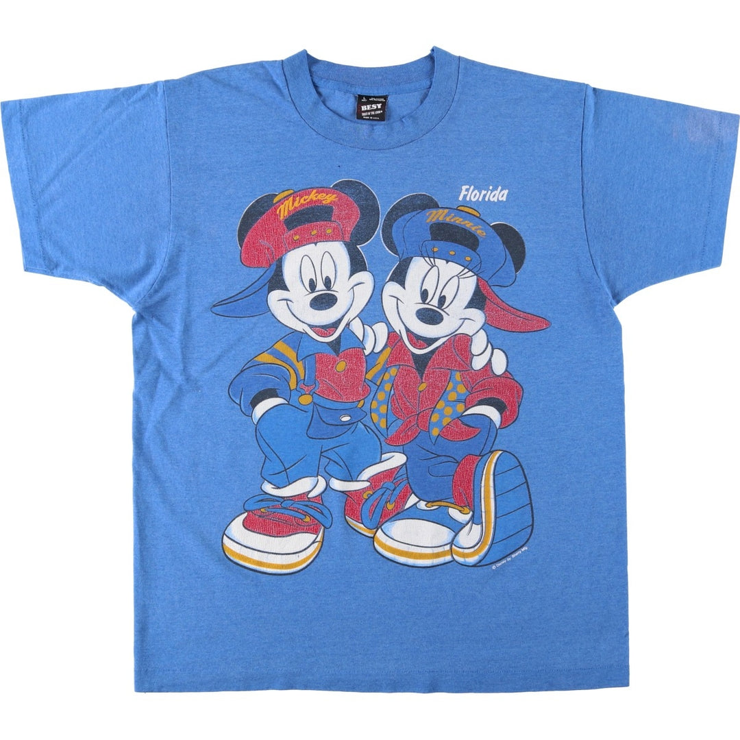 90'S Fruit of the Loom BEST Mickey Mouse & Minnie Mouse Character Print T-Shirt, Made in USA, Men's Size L (approx.) cotton blue type Vintage Second Hand