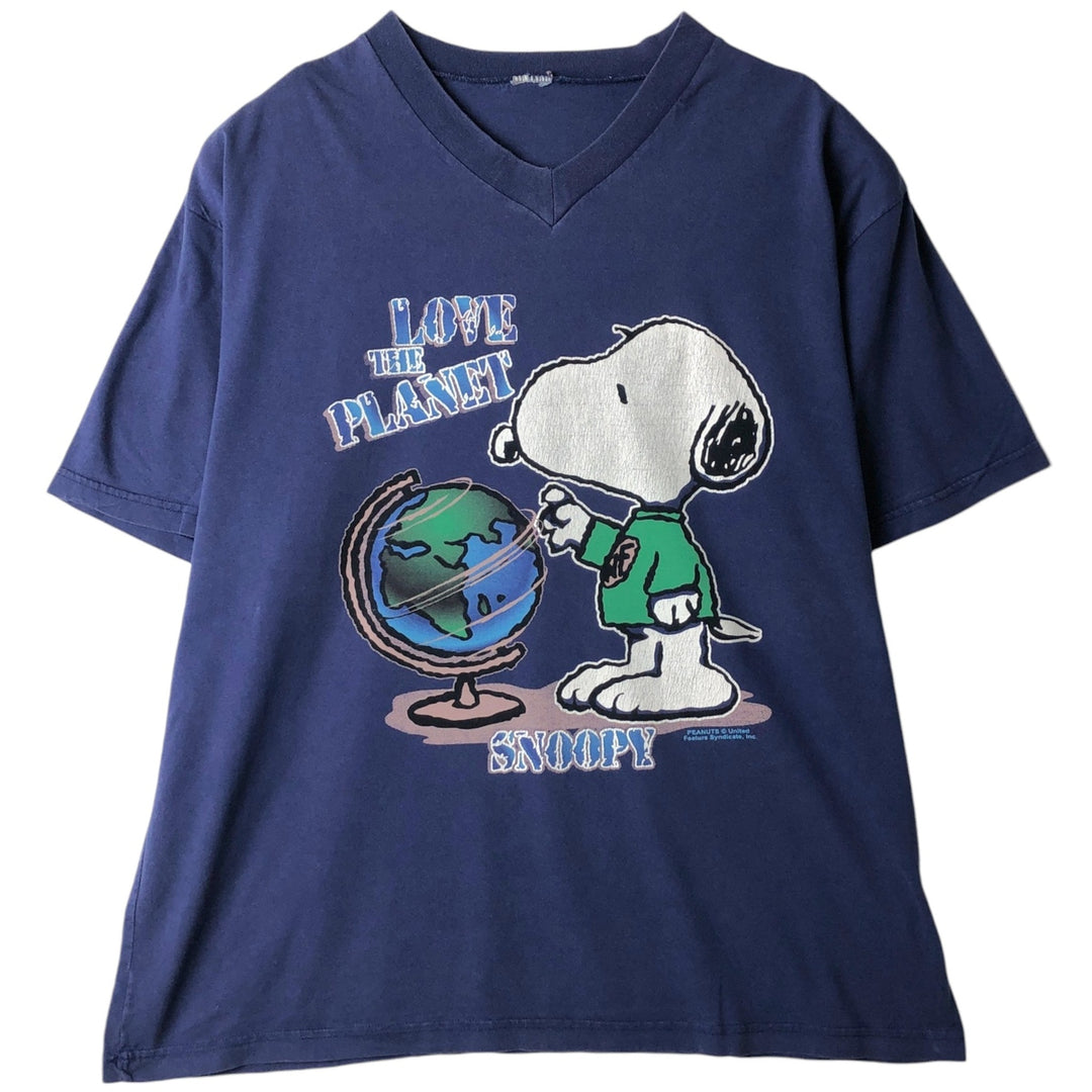 SNOOPY V-neck character print T-shirt (Men's size L) unclear navy blue type Vintage Second Hand