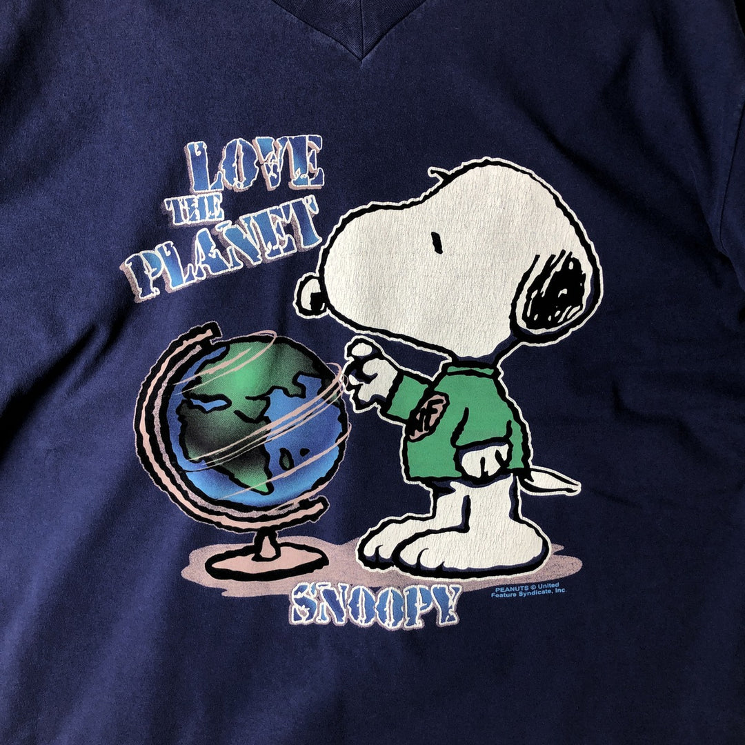 SNOOPY V-neck character print T-shirt (Men's size L) unclear navy blue type Vintage Second Hand