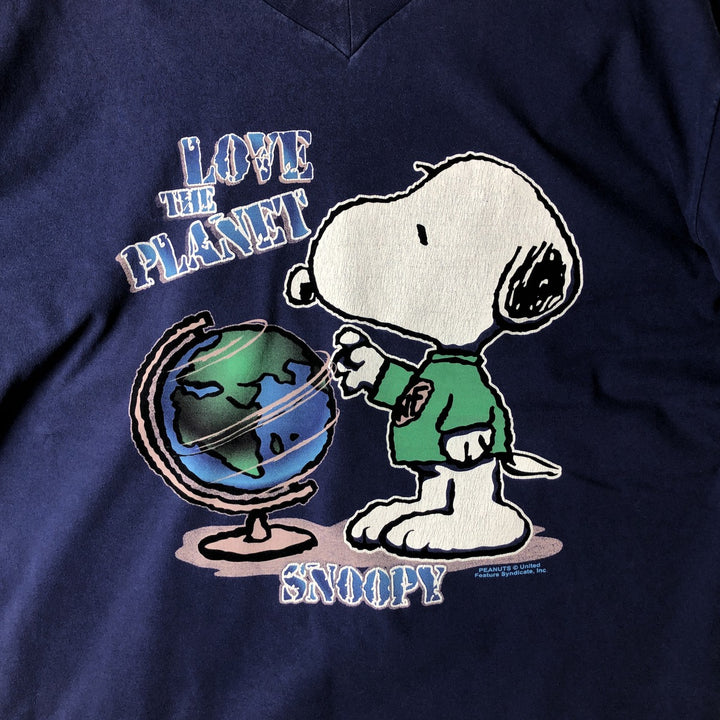 SNOOPY V-neck character print T-shirt (Men's size L) unclear navy blue type Vintage Second Hand