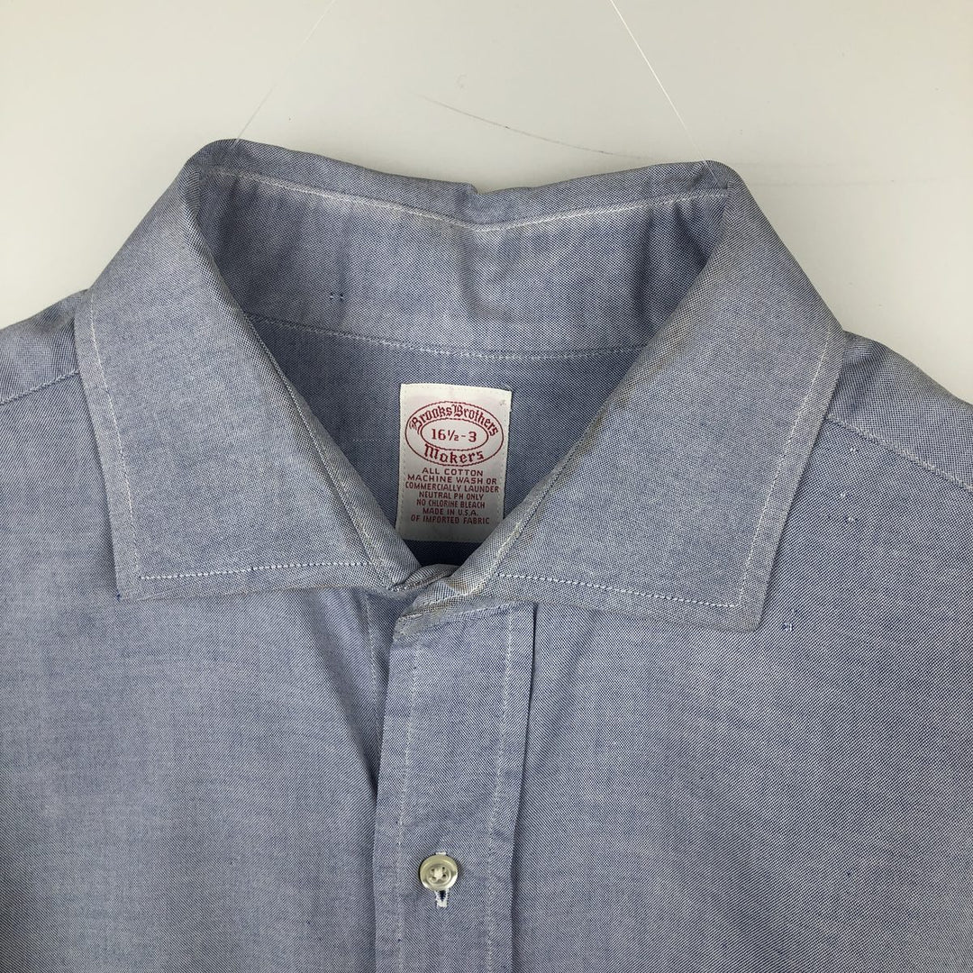 80s-90'S Brooks Brothers MAKERS Wide Collar Long Sleeve Cotton Shirt, Made in USA, Men's Size L (Equivalent), Vintage cotton blue type Vintage Second Hand