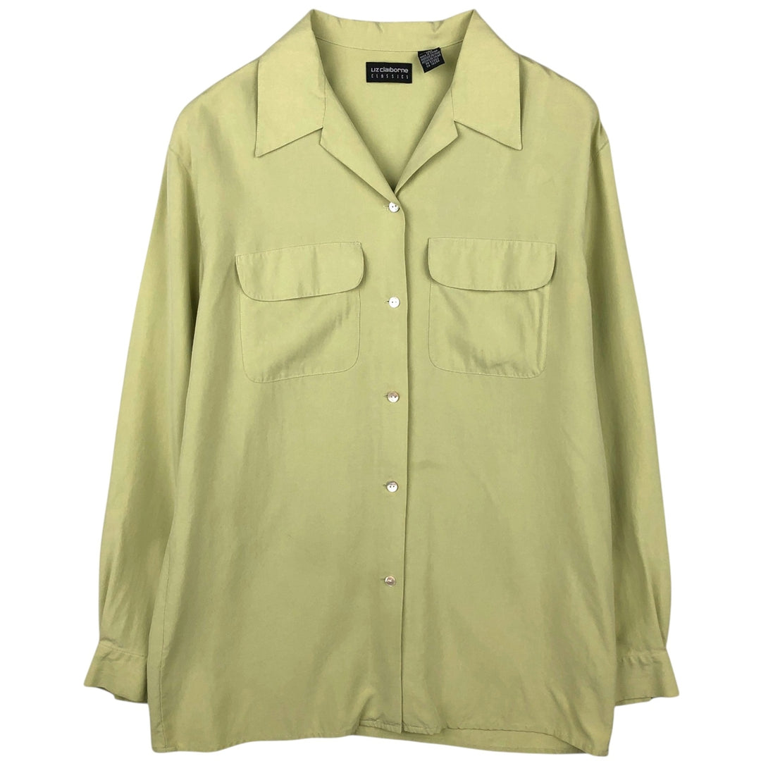 Liz Claiborne CLASSICS Long-Sleeve Open Collar Box Shirt (Women's Size L) silk green type yellow green Vintage Second Hand