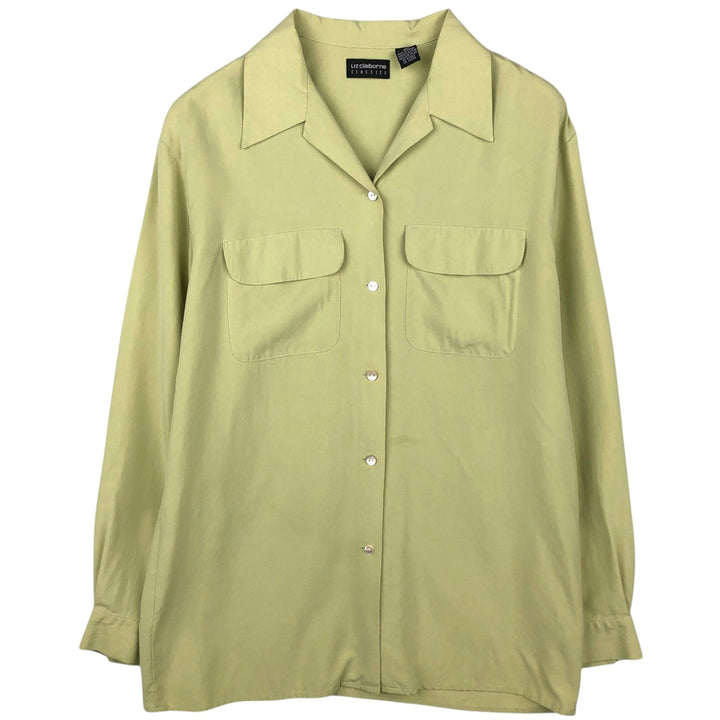 Liz Claiborne CLASSICS Long-Sleeve Open Collar Box Shirt (Women's Size L) silk green type yellow green Vintage Second Hand
