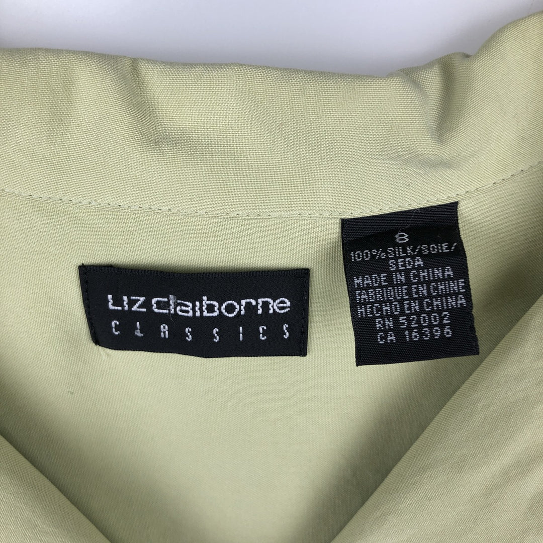 Liz Claiborne CLASSICS Long-Sleeve Open Collar Box Shirt (Women's Size L) silk green type yellow green Vintage Second Hand