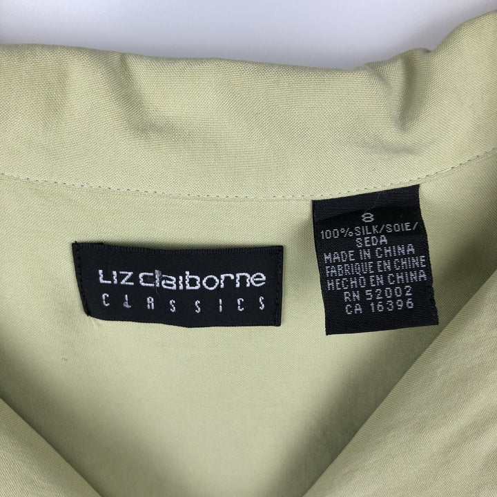 Liz Claiborne CLASSICS Long-Sleeve Open Collar Box Shirt (Women's Size L) silk green type yellow green Vintage Second Hand