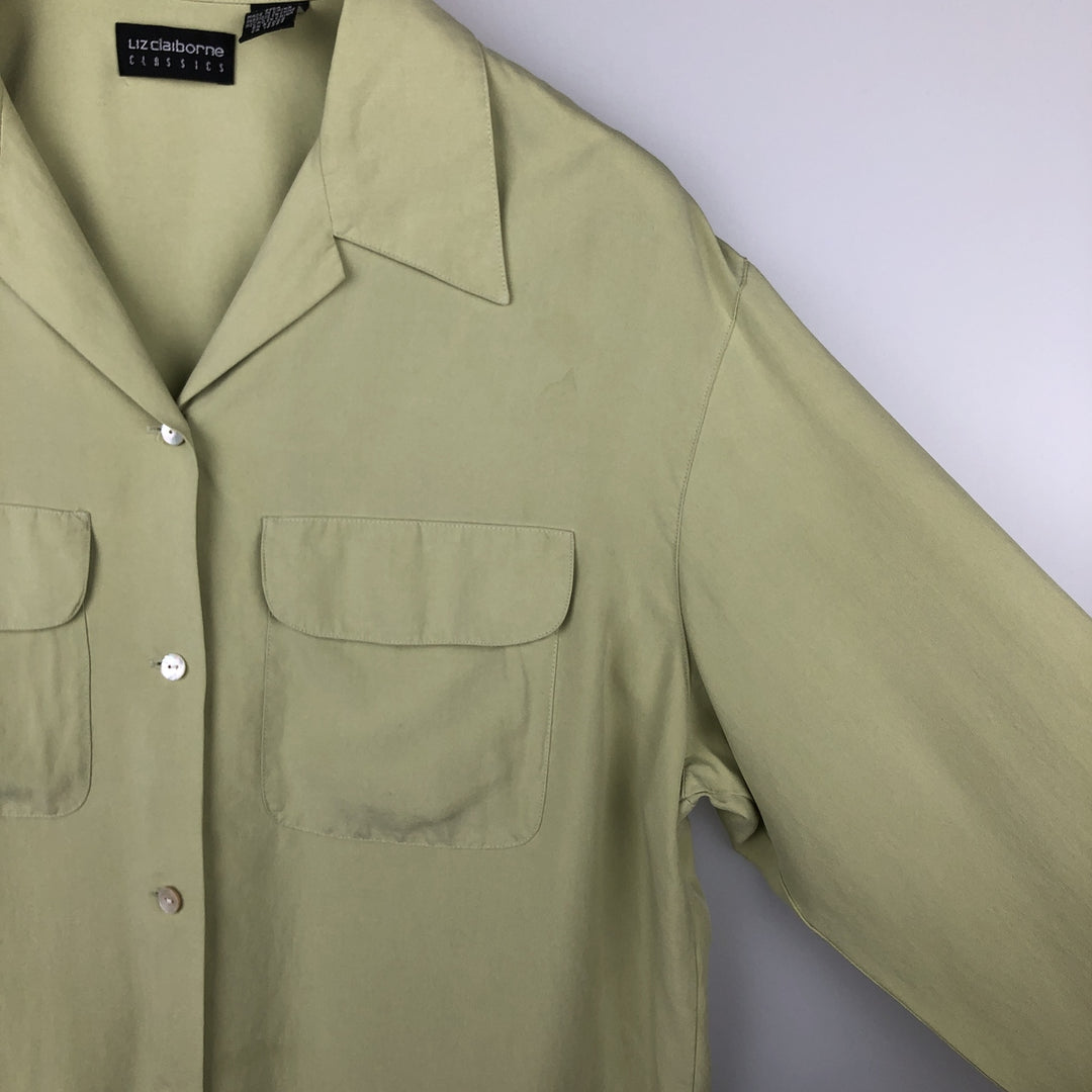 Liz Claiborne CLASSICS Long-Sleeve Open Collar Box Shirt (Women's Size L) silk green type yellow green Vintage Second Hand