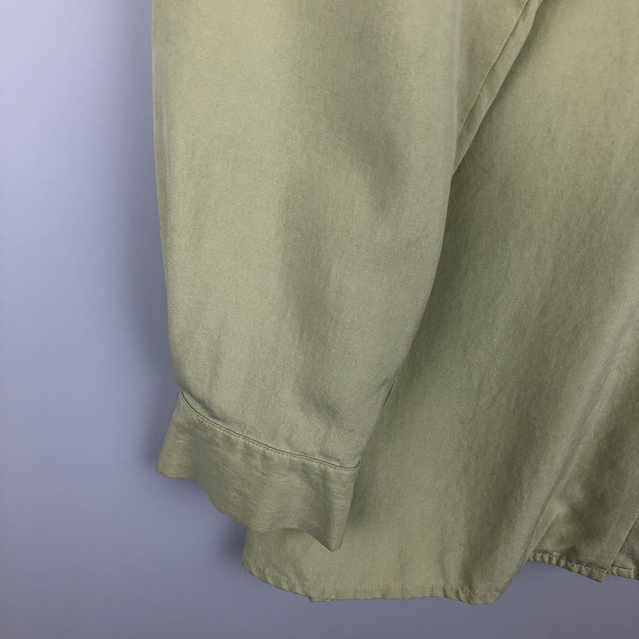 Liz Claiborne CLASSICS Long-Sleeve Open Collar Box Shirt (Women's Size L) silk green type yellow green Vintage Second Hand