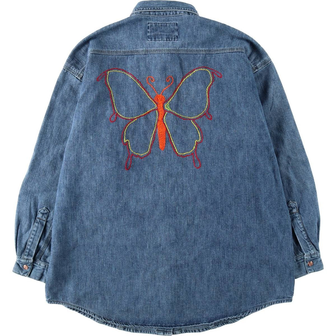 90s-00'S Levi's butterfly print long-sleeved denim shirt, women's size XL equivalent, vintage. cotton blue type Vintage Second Hand