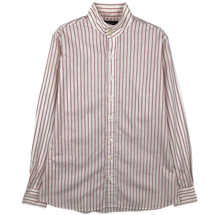 Chelsea Stand Collar Long Sleeve Poly/Cotton Stripe Shirt, Made in USA, Women's Size S (approx.) cotton white type Vintage Second Hand