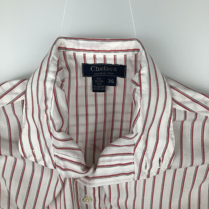 Chelsea Stand Collar Long Sleeve Poly/Cotton Stripe Shirt, Made in USA, Women's Size S (approx.) cotton white type Vintage Second Hand