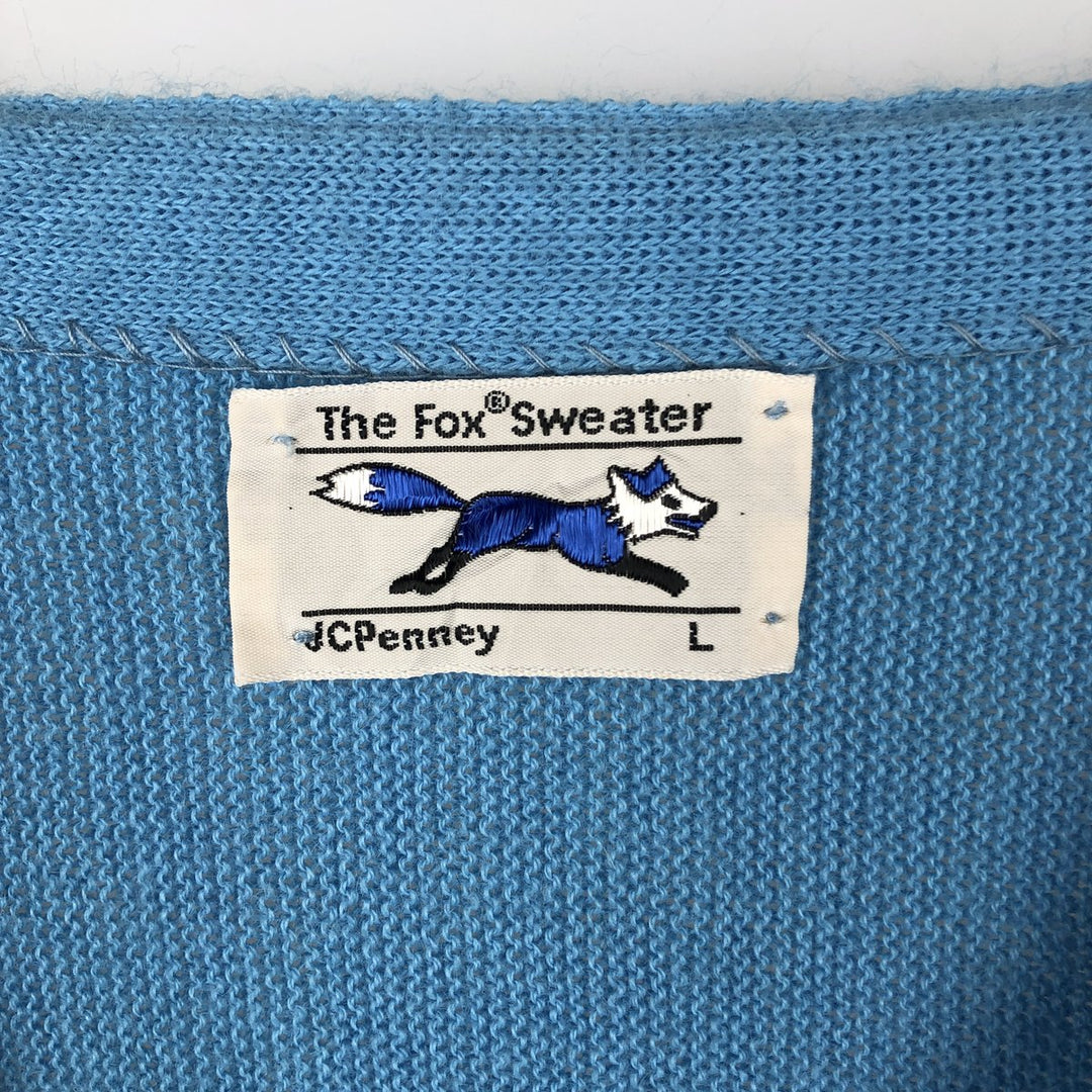 ~1980'S JCPenney The Fox Sweater Acrylic Knit Cardigan, Made in USA, Men's Size L (approx.), Vintage Oron Acrylic Blue type light blue Vintage Second Hand