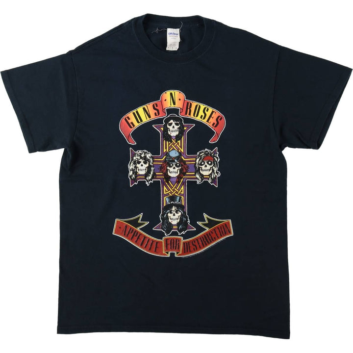 Gildan Guns N' Roses Skull Pattern Band T-Shirt, Men's Size Medium cotton black type Vintage Second Hand