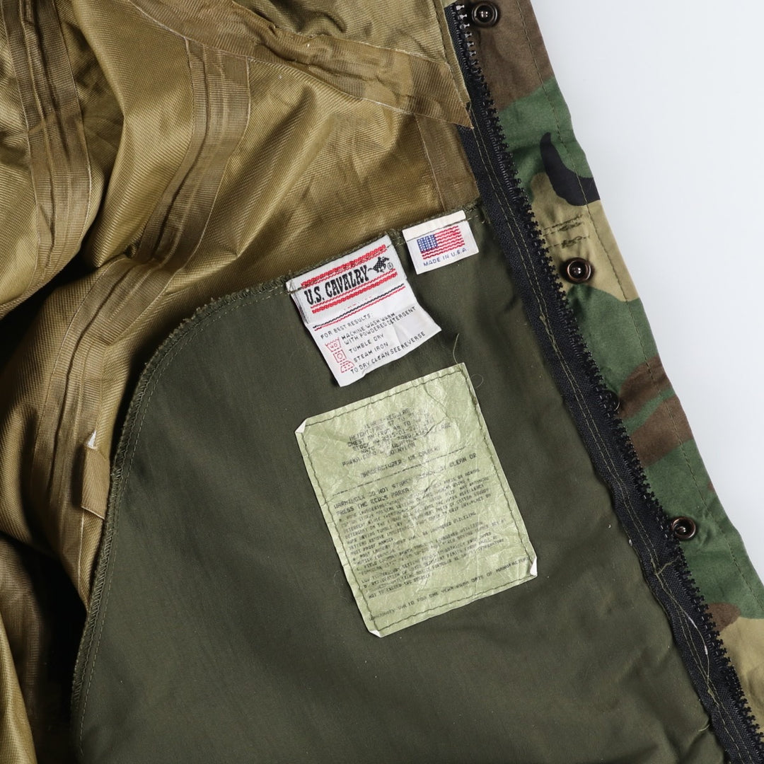 Civilian-made USCAVALRY camouflage pattern woodland camo military Gore-Tex parka, made in USA, men's size XL equivalent. Nylon Khaki type Vintage Second Hand