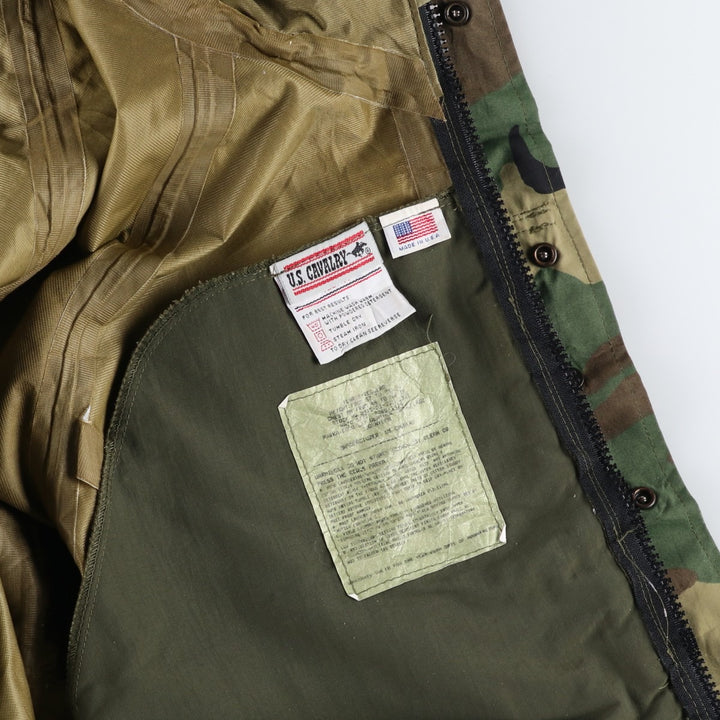 Civilian-made USCAVALRY camouflage pattern woodland camo military Gore-Tex parka, made in USA, men's size XL equivalent. Nylon Khaki type Vintage Second Hand