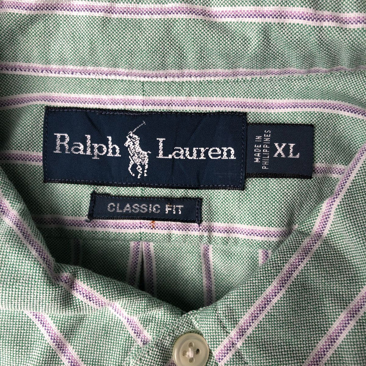 Ralph Lauren Classic Fit Multi-Stripe Short-Sleeve Button-Down Striped Shirt, Men's Size XL (approx.) cotton green type Vintage Second Hand