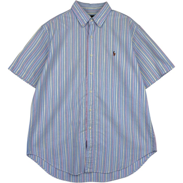 Ralph Lauren CLASSIC FIT Multi-Stripe Short-Sleeve Button-Down Striped Shirt, Men's Size L (approx.) cotton navy blue type Vintage Second Hand