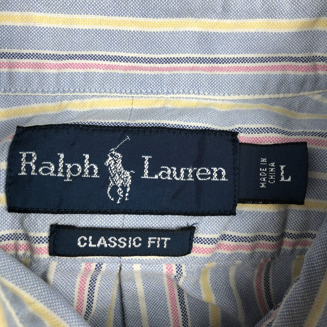 Ralph Lauren CLASSIC FIT Multi-Stripe Short-Sleeve Button-Down Striped Shirt, Men's Size L (approx.) cotton navy blue type Vintage Second Hand