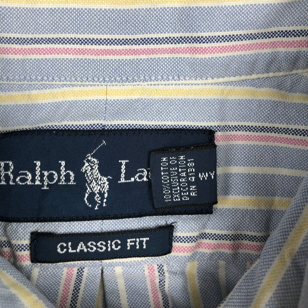 Ralph Lauren CLASSIC FIT Multi-Stripe Short-Sleeve Button-Down Striped Shirt, Men's Size L (approx.) cotton navy blue type Vintage Second Hand