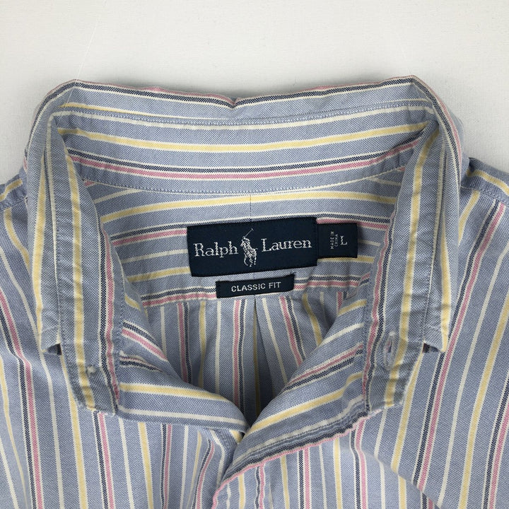 Ralph Lauren CLASSIC FIT Multi-Stripe Short-Sleeve Button-Down Striped Shirt, Men's Size L (approx.) cotton navy blue type Vintage Second Hand