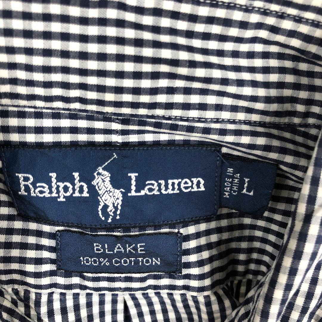 Ralph Lauren BLAKE Gingham Check Short Sleeve Button Down Check Shirt Men's Size L cotton navy blue type Vintage Second Hand