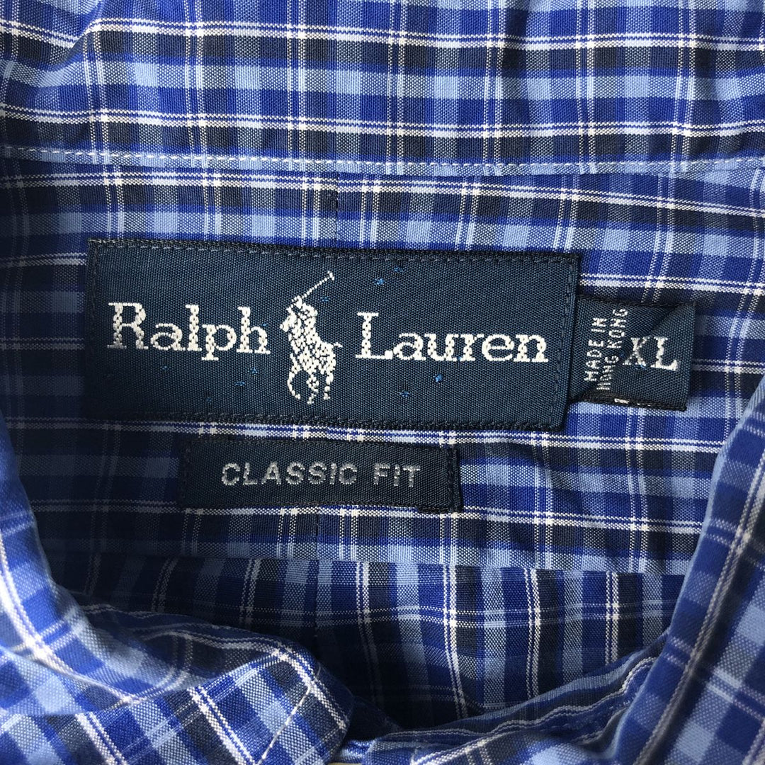 Ralph Lauren Classic Fit short sleeve button down check shirt, men's size XL cotton navy blue type Vintage Second Hand
