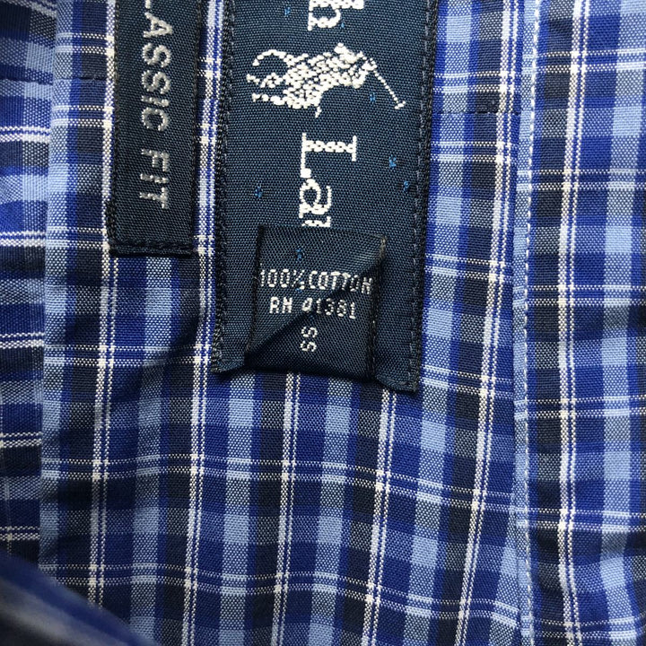 Ralph Lauren Classic Fit short sleeve button down check shirt, men's size XL cotton navy blue type Vintage Second Hand