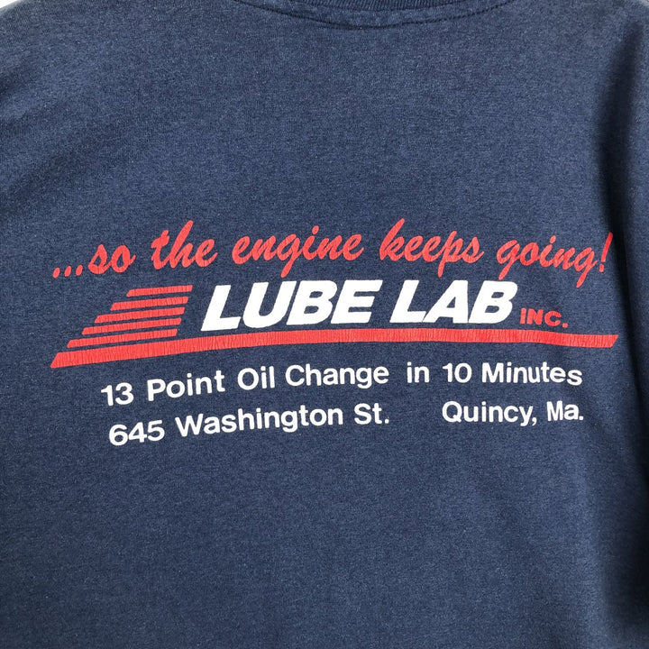 1980'S Hanes LUBE LAB INC Advertising T-Shirt, Made in USA, Men's XXL equivalent, Vintage cotton navy blue type Vintage Second Hand