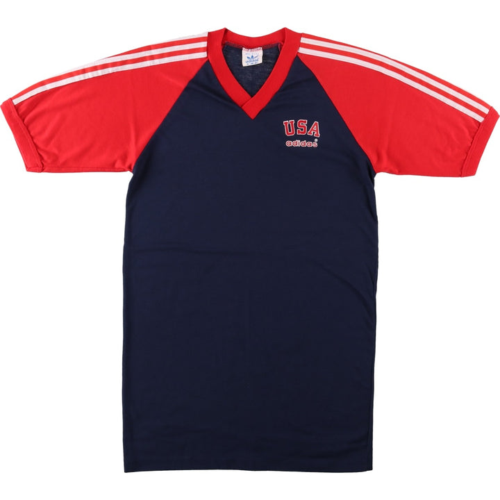 80'S Adidas V-neck Trefoil logo sports t-shirt, made in USA, men's size M equivalent, vintage. polyester navy blue type Vintage Second Hand