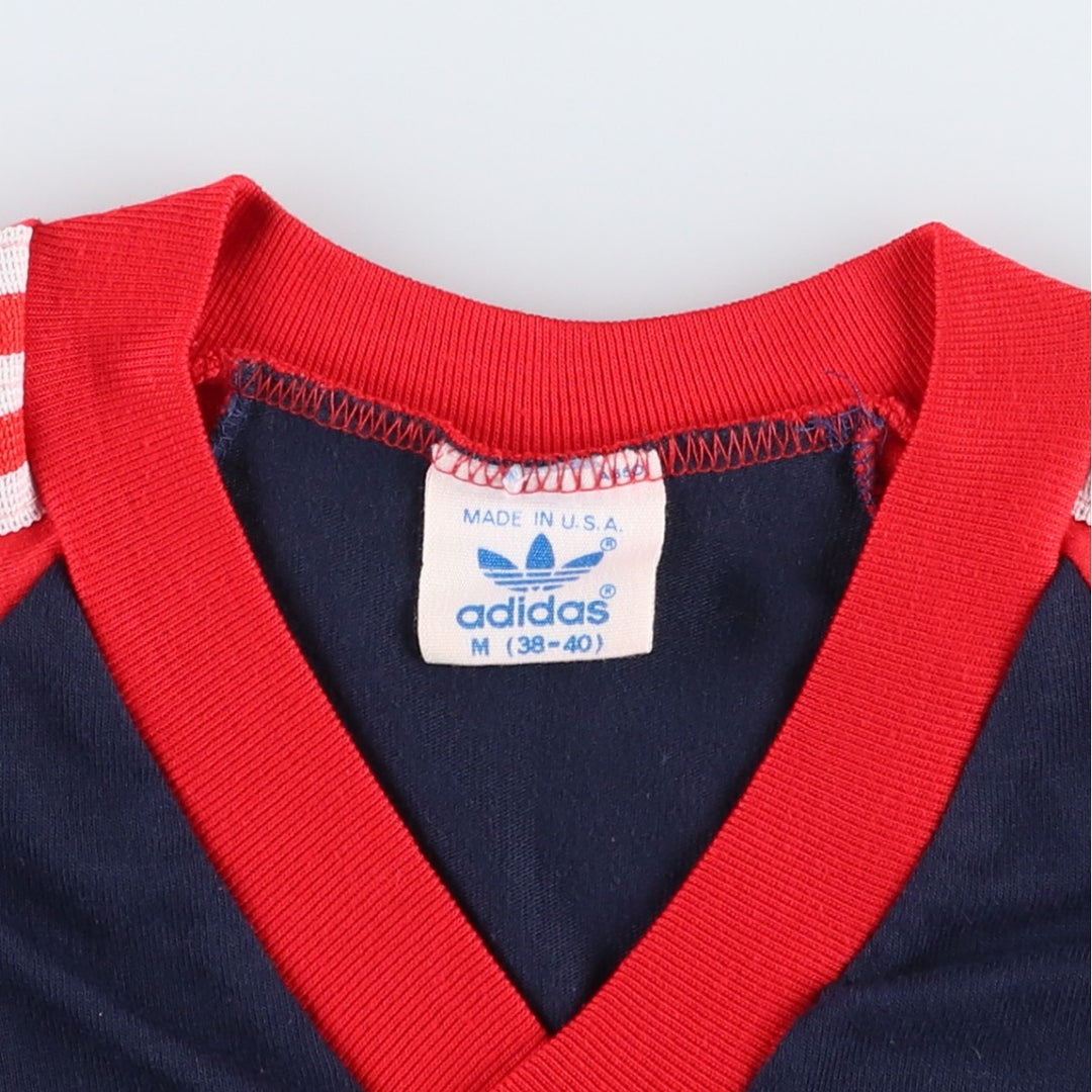 80'S Adidas V-neck Trefoil logo sports t-shirt, made in USA, men's size M equivalent, vintage. polyester navy blue type Vintage Second Hand
