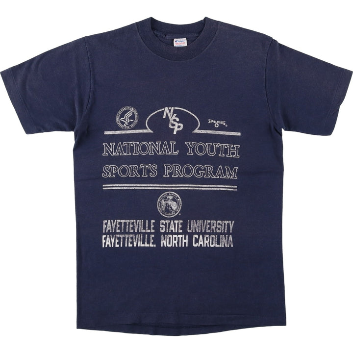 80'S Champion Tricot Tag Sports Print T-Shirt Made in USA Men's M Size Vintage polyester navy blue type Vintage Second Hand
