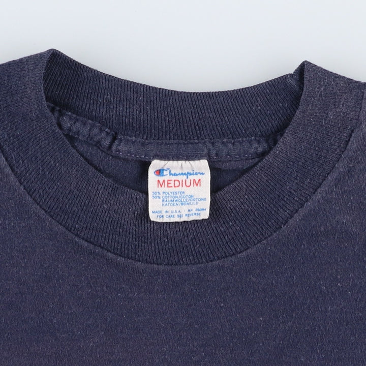 80'S Champion Tricot Tag Sports Print T-Shirt Made in USA Men's M Size Vintage polyester navy blue type Vintage Second Hand