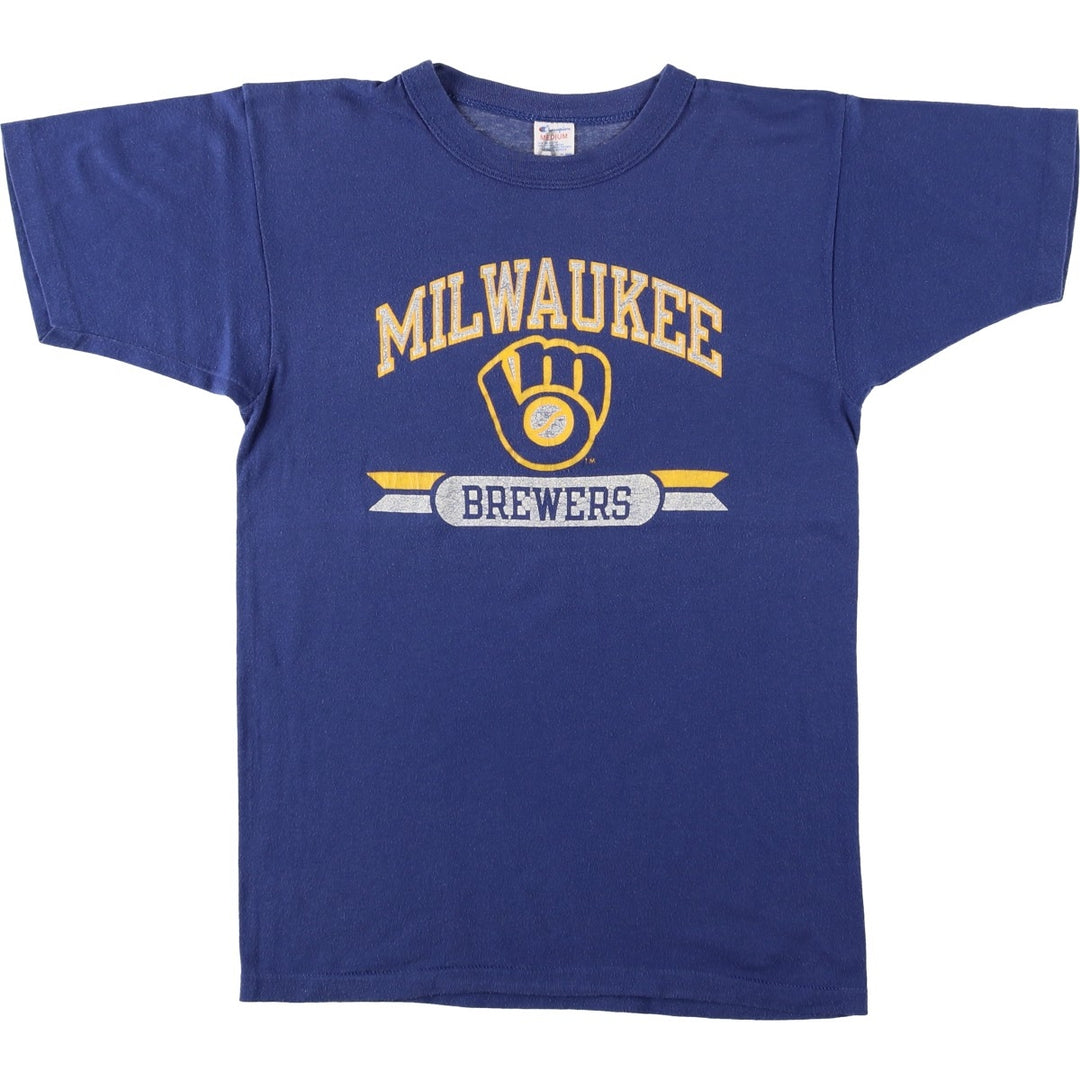 80'S Champion Tricolor Tag Milwaukee Brewers Sports Print T-Shirt, Made in USA, Men's Size M (Equivalent), Vintage polyester navy blue type Vintage Second Hand