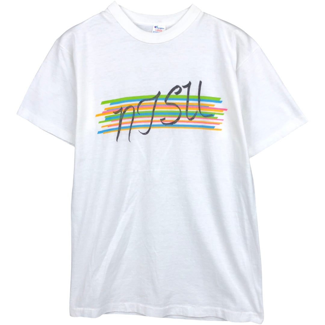 80'S Champion Tricot Tag Print T-shirt Made in USA Men's L Size Vintage polyester white type Vintage Second Hand